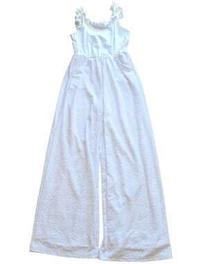 Tahari White Eyelet Wide-Leg Jumpsuit with Ruffle Straps Girls Size 12
